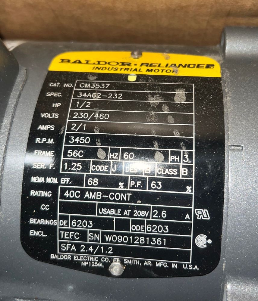 Unused Baldor CM3537 Three Phase General Purpose Motor. Product Type: Three Phase. HP: 1/2. RPM: 3450. Volts: 230/460. Amps: 2/1. Hz: 60. Phase: 3. Frame: 56C.